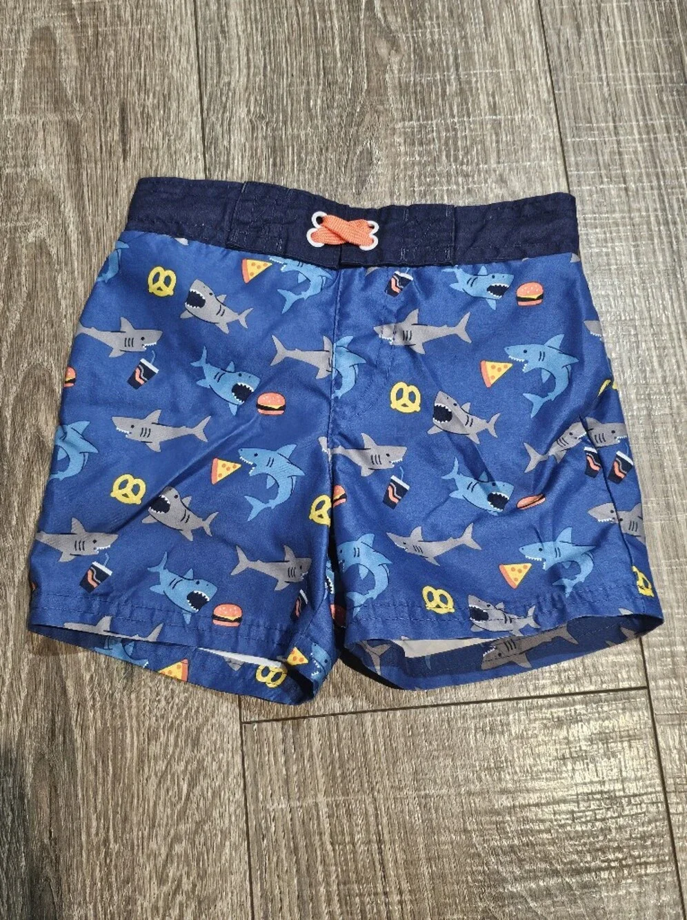 Baby Swim Trunks Size 18 M Blue Shark & Snack Swim Trunks with Navy Waistband